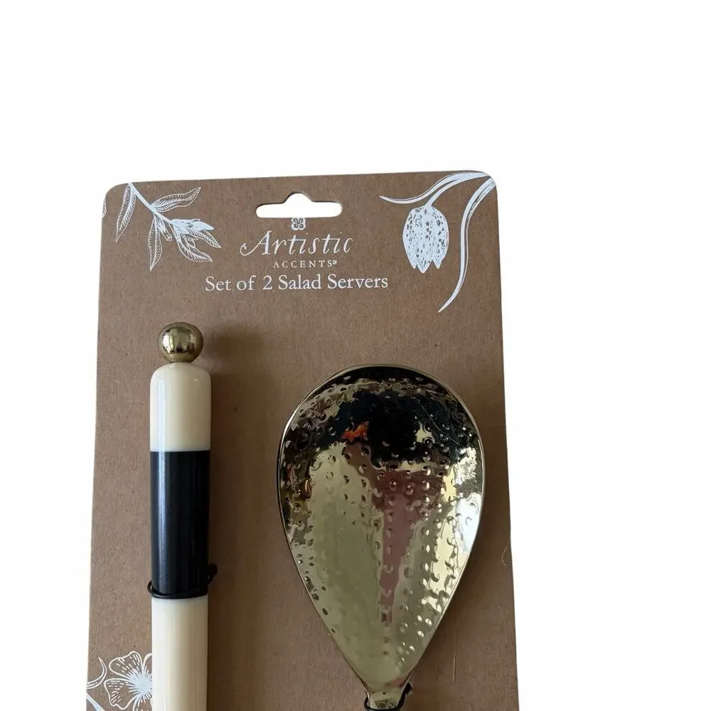 Artistic Accents Set of 2 Salad Servers Black & White Striped Gold Glam New